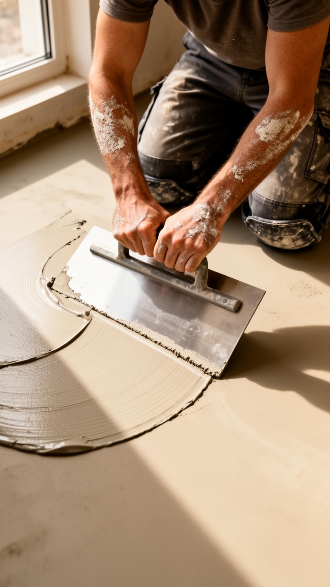 Handwerklicher Auftrag von Mikrozement mit Glättkelle auf einer Wand